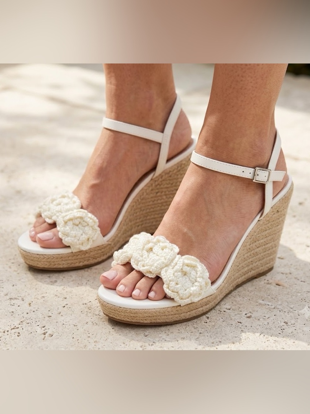 Time and Tru White  Crochet Flower Espadrille Wedge Sandals